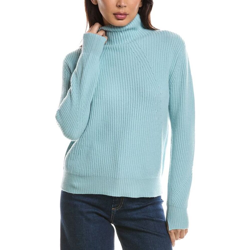 Forte Cashmere Womens  Fashioned Rib Funnel Neck 100% Cashmere Sweater, Blue